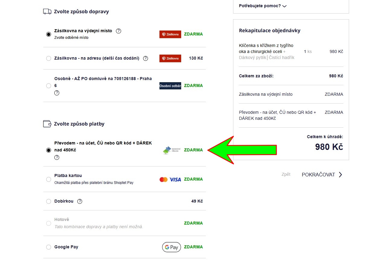 Krok 2 – výběr dopravy a platby převodem