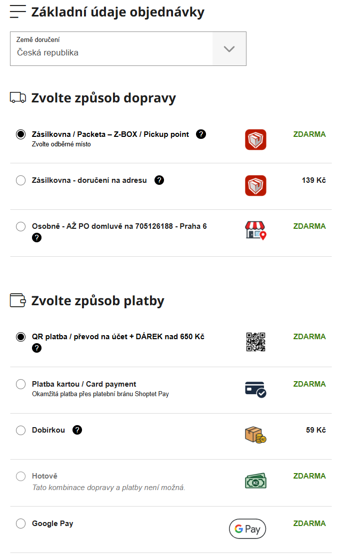 Krok 2 – výběr dopravy a platby při objednávce vlastního designu