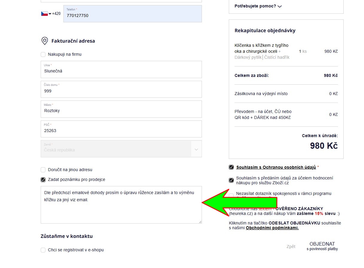Krok 3 – vyplnění poznámky s úpravami