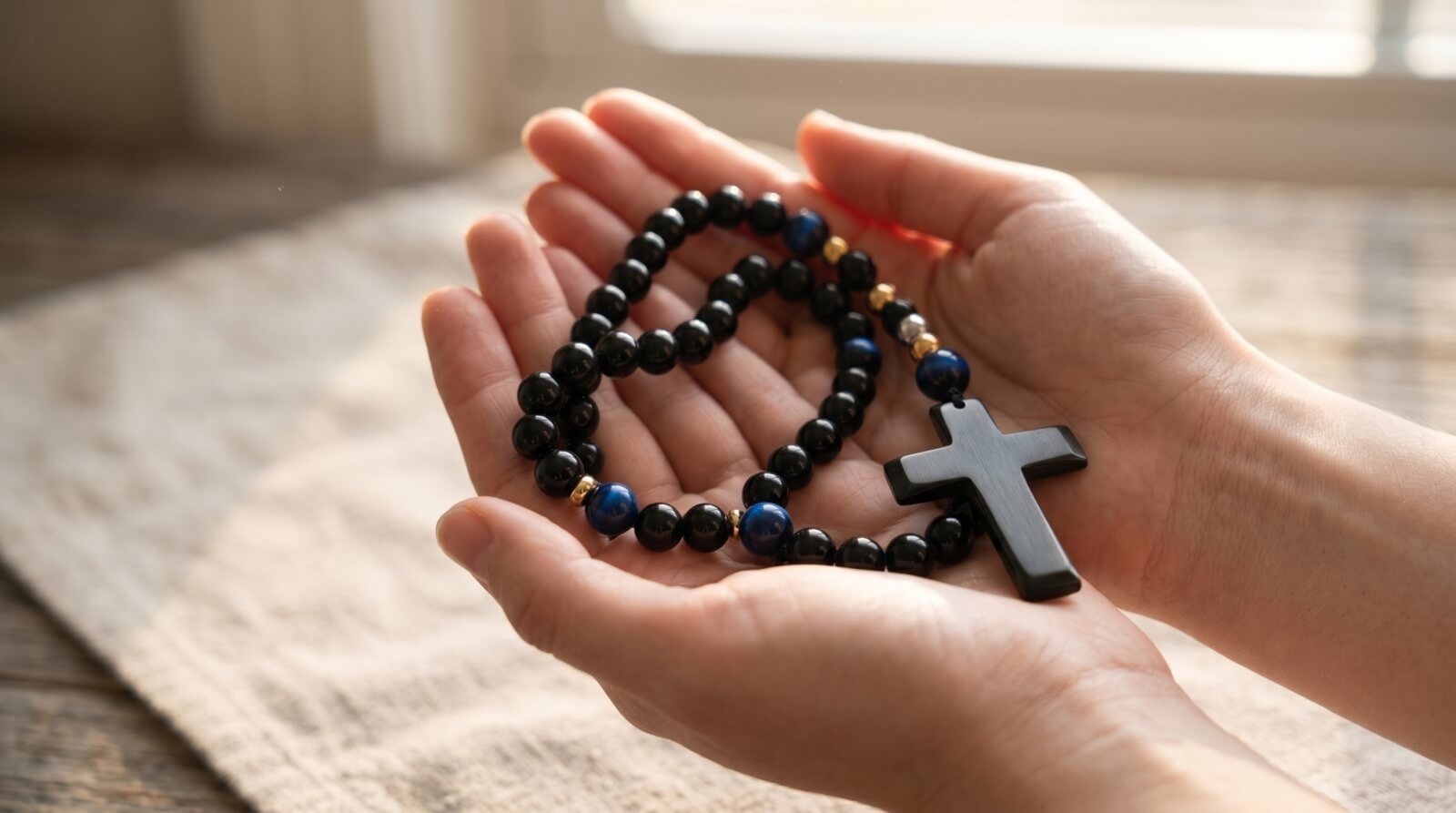 Růženec z minerálů – detail korálků a kříže