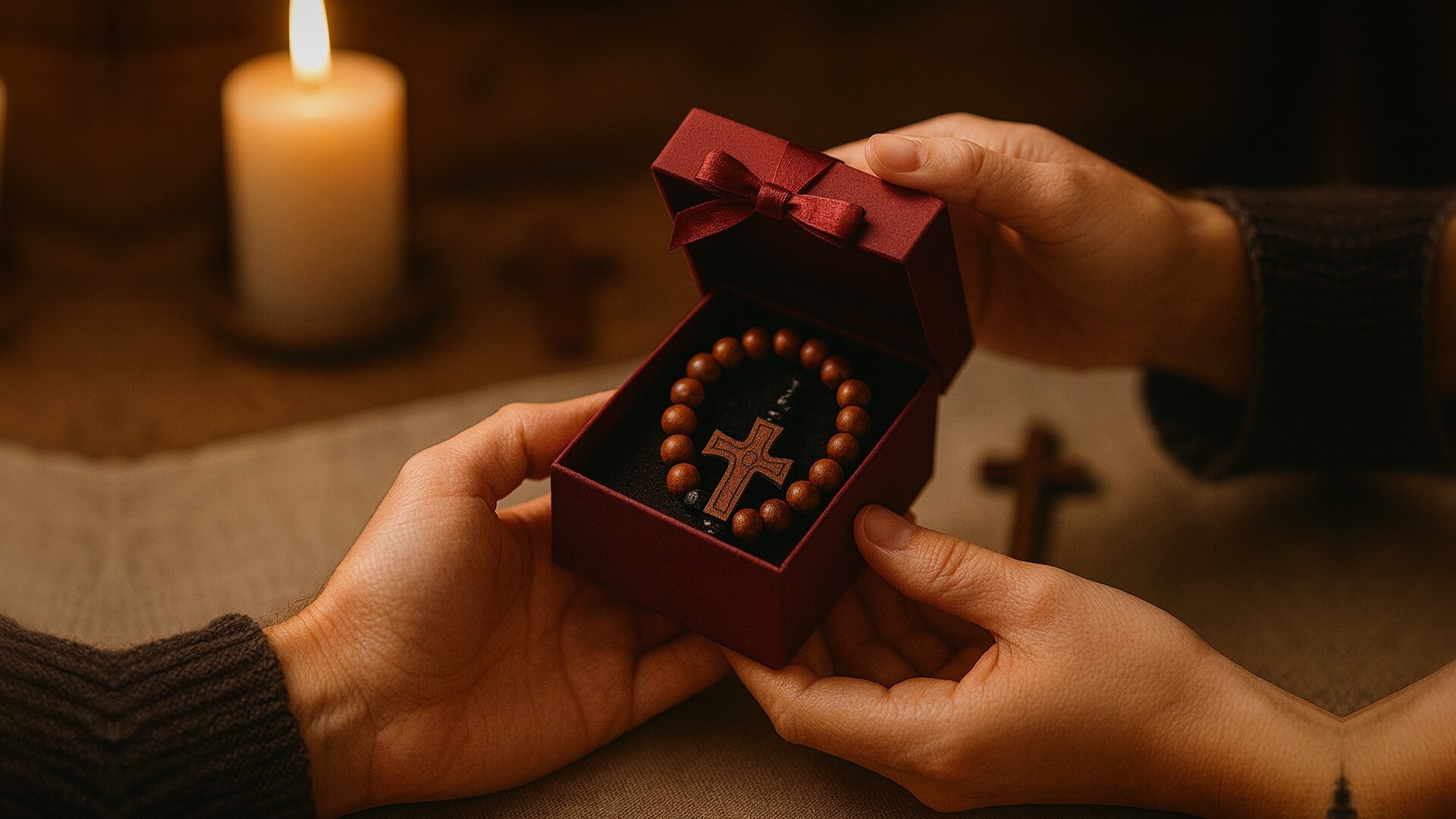 Předání dárkové krabičky s růžencem – ruční výroba v ČR | Ruzence.cz