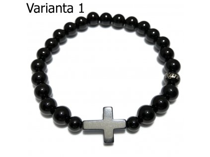 Pánský náramek kříž z hematitu a černý achát v top kvalitě