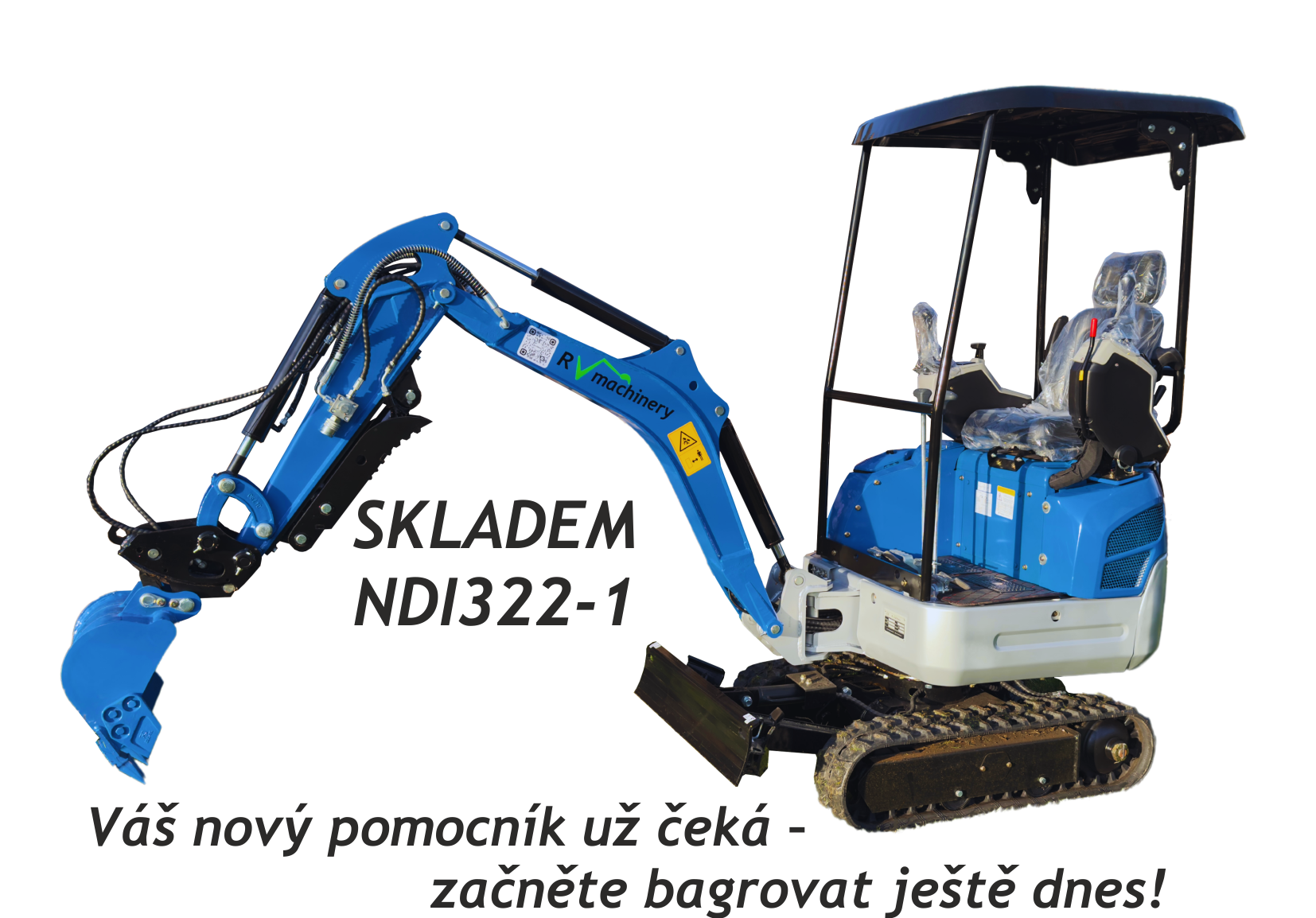 Kompaktní minibagr NDI322-1 s teleskopickým podvozkem a dvojitým čerpadlem. Váha 1500 kg, šířka nastavitelná od 900 do 1200 mm, maximální hloubka kopání 2000 mm a dosah kopání 2988 mm. Vybaven motorem Kubota o výkonu 10,2 kW. Ideální pro stavební práce, t