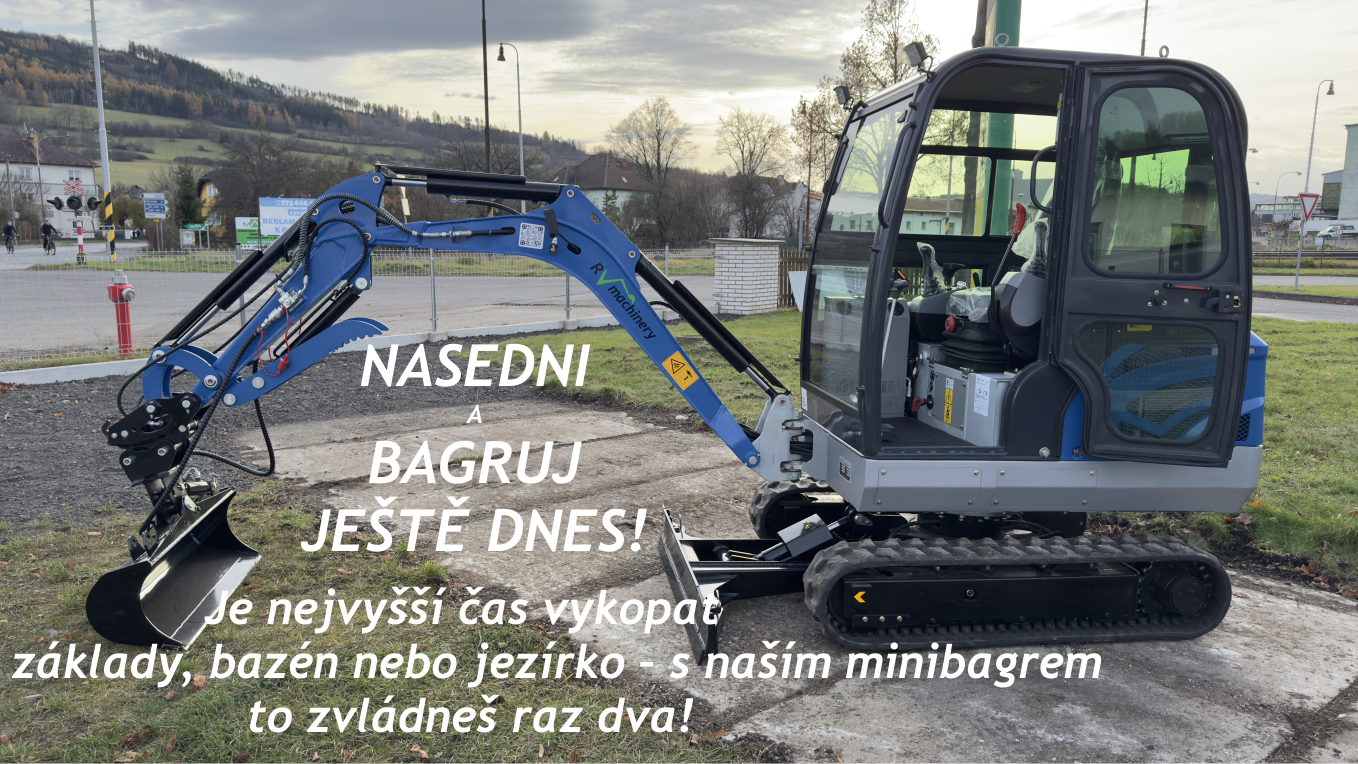 Minibagr NDI330 R king s otevřenými dveřmi připravený k práci – ideální pro výkop bazénu, základů nebo úpravy zahrady. Nasedněte a bagrujte ještě dnes!