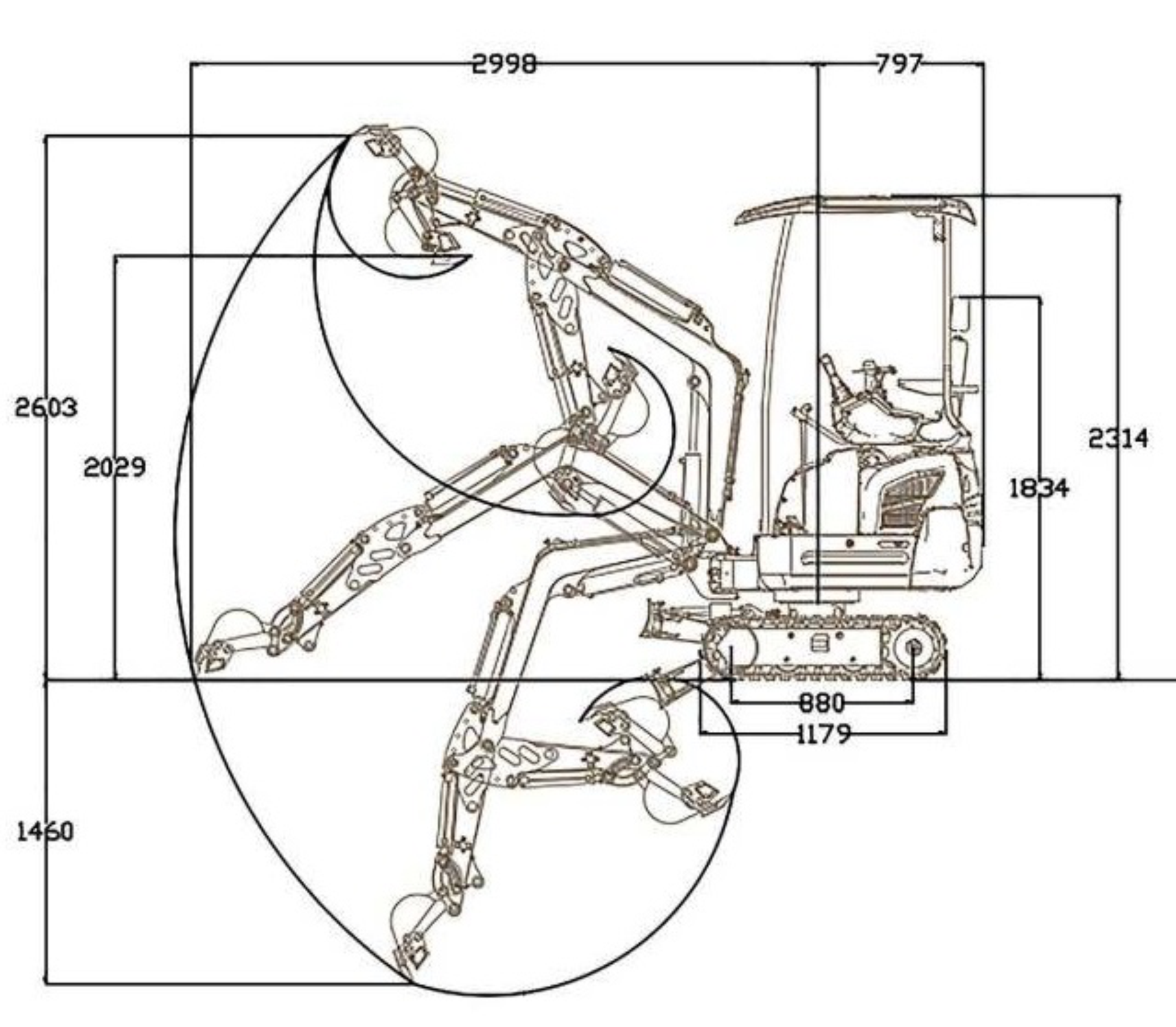 Schématický nákres minibagru NDI322-1, který znázorňuje jeho hlavní konstrukční prvky, včetně teleskopického podvozku a kopacího mechanismu.