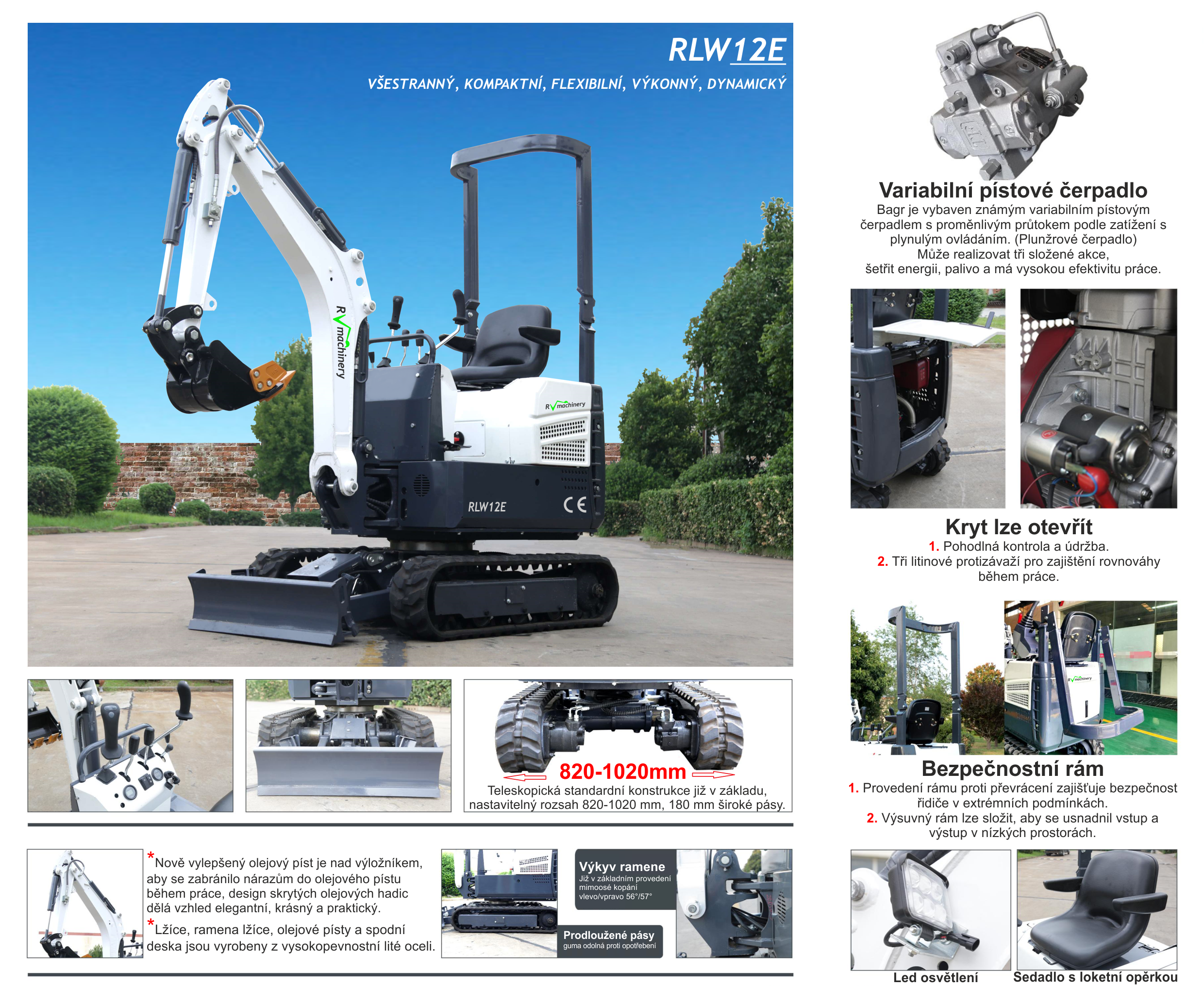 Minibagr RLW12E 1200kg – přehled funkcí zahrnující mimoosé kopání a teleskopický podvozek, vhodný pro přesné pracovní úkoly.