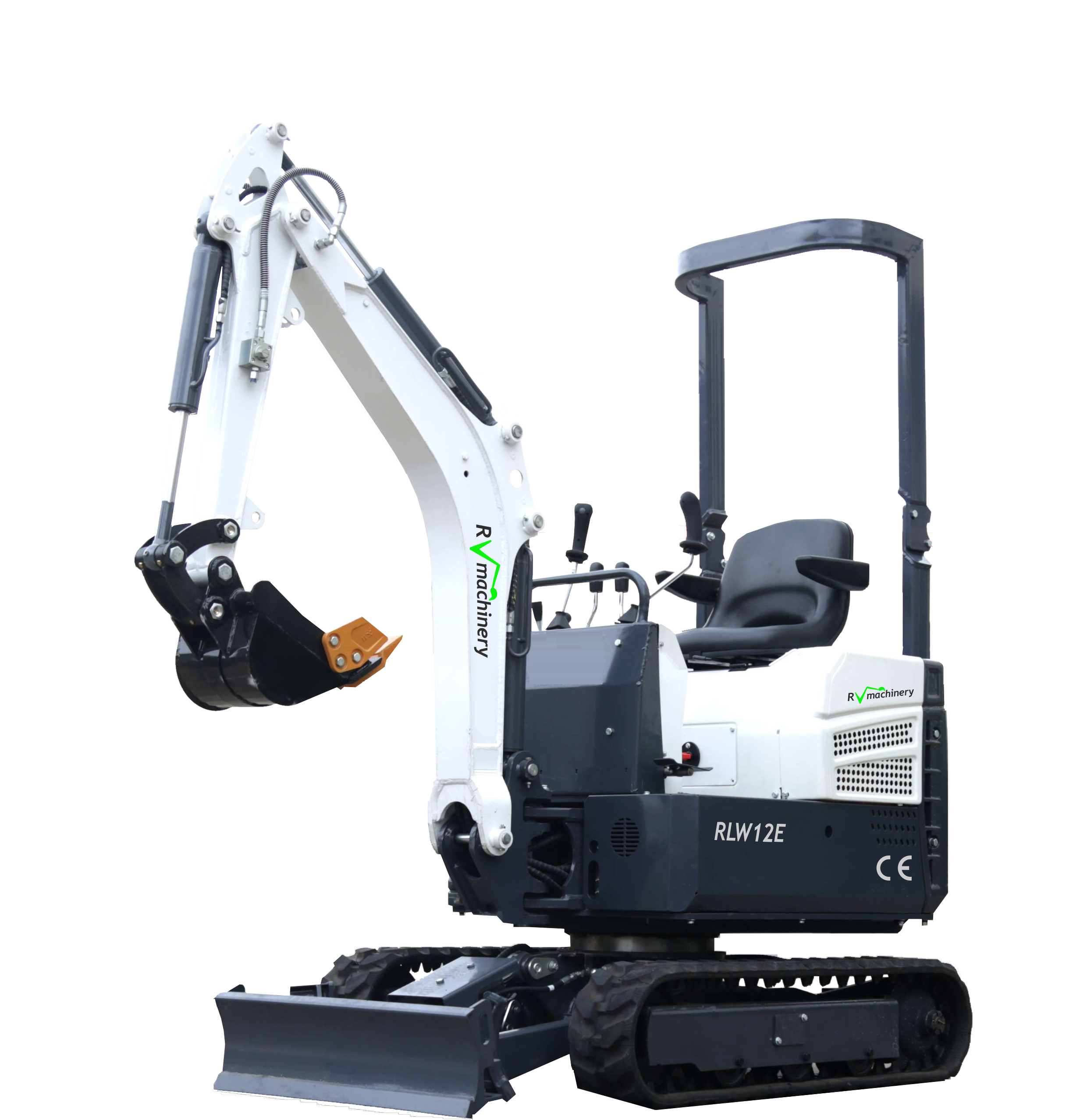 Minibagr RLW12E 1200kg – přední pohled, kompaktní design pro efektivní stavební a terénní práce.