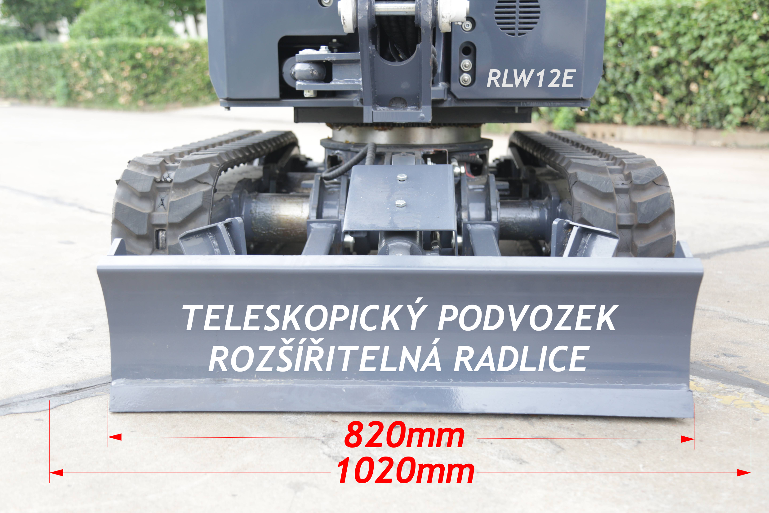 Minibagr RLW12E 1200kg – schéma rozměrů s kombinací teleskopického podvozku a mimoosého kopání, maximální flexibilita.