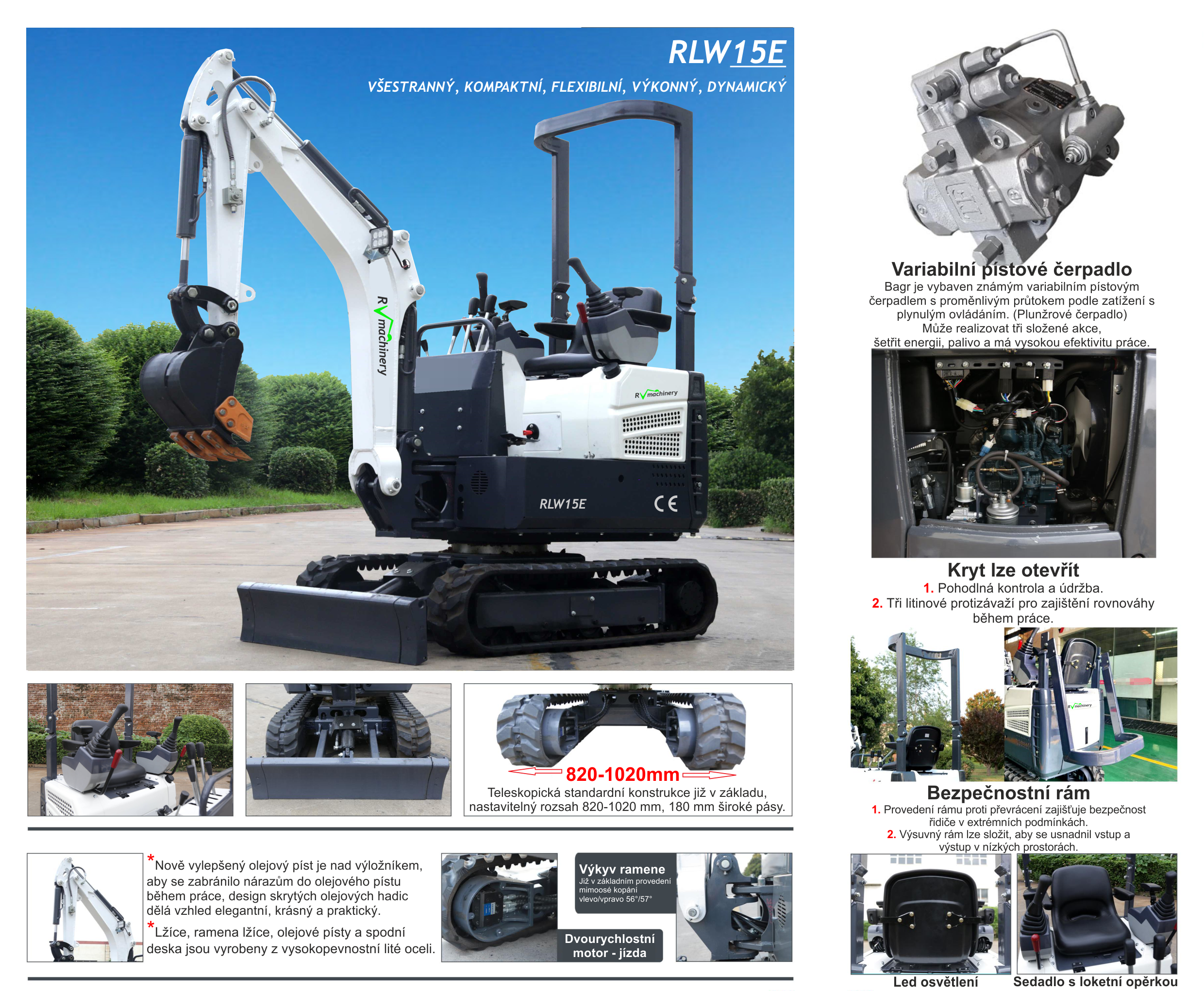 Minibagr RLW15E 1500kg – přehled funkcí zahrnující mimoosé kopání a teleskopický podvozek, vhodný pro přesné pracovní úkoly.