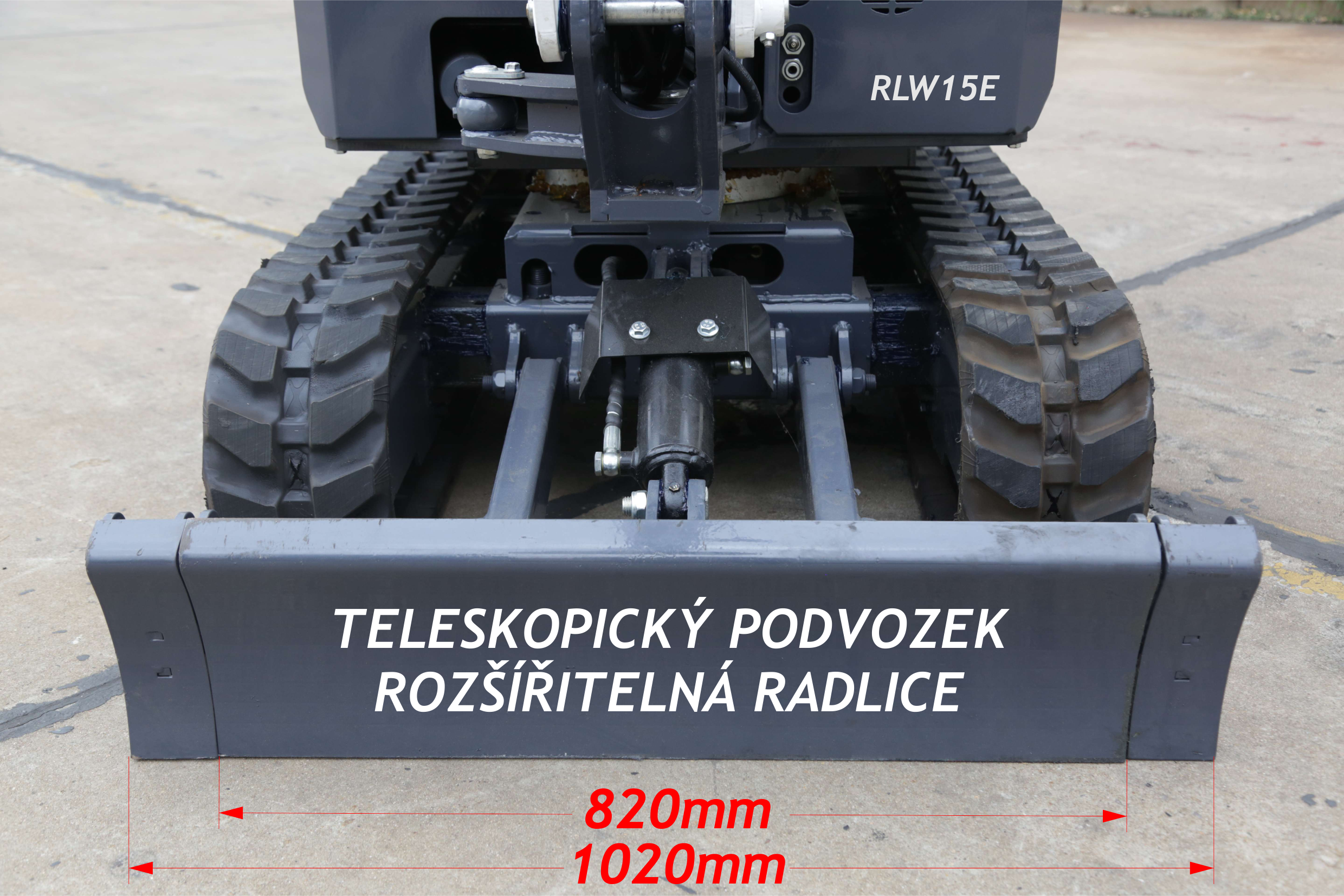 Minibagr RLW15E 1500kg – schéma rozměrů s kombinací teleskopického podvozku a mimoosého kopání, maximální flexibilita.