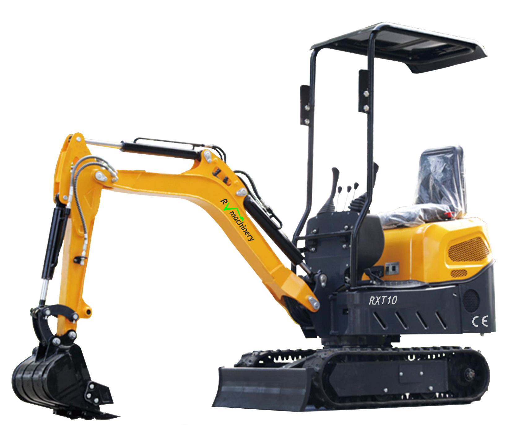 Minibagr RXT10 1000kg – přední pohled s funkcí mimoosého kopání, ideální pro práci v těžko přístupných místech.