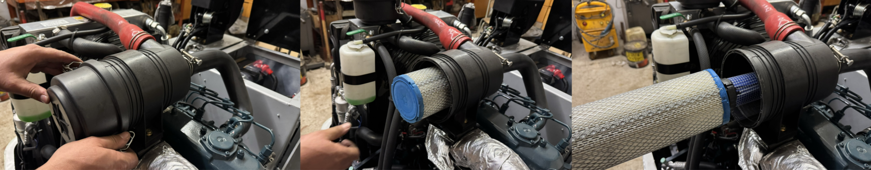 Servis RVmachinery – kontrola a čištění vzduchového filtru stavebních strojů pro dlouhou životnost a spolehlivost.