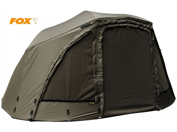 Rybářské brolly FOX 60 Brolly Ven-Tec Rpistop System Khaki s odolnou deštníkovou konstrukcí, nepromokavým pláštěm s vodním sloupcem 20000 mm, vnitřním parním štítem, podlážkou, variabilním Full Front předním panelem se 3 variantami použití a 4 bouřkovými tyčemi.