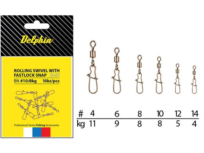 Obratlíky s karabinkou Delphin Rolling Swivel with Fastlock Snap B-01 - 10 ks