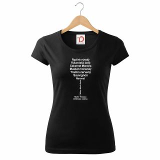 🍷 Víno mluví za vše. Dámské bavlněné tričko pro milovnici vína s elegantním motivem sklenice složené z názvů vín. Styl,...