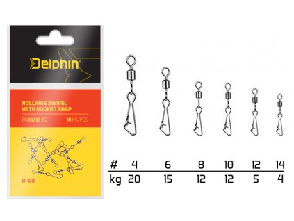 Delphin Obratlík s Karabinou Rollings Swivel With Hooked Snap B-03 10 ks