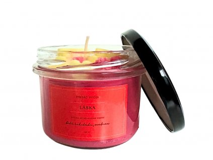 Valentýnská svíčka - Láska zdobená voskem  Ručně vyráběná sójová svíčka 150 ml