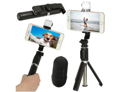 Kijek do selfie z pilotem Bluetooth statyw tripod lampka LED czarny 170919