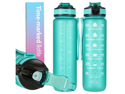 Butelka na wode bidon ze slomka uchwytem miarka motywacyjna na silownie BPA free Tritan 1l zielona 165945