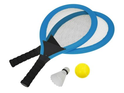 196843 set na plazove hry tenis badminton 2xraketa soft micek badm kosik modra