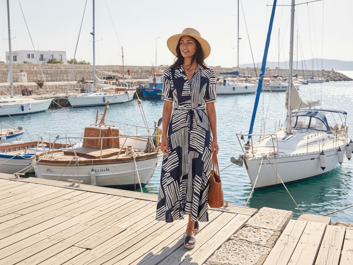 Dámske maxi košeľové šaty s geometrickým vzorom ZABAIONE AZURA NAVY BLUE