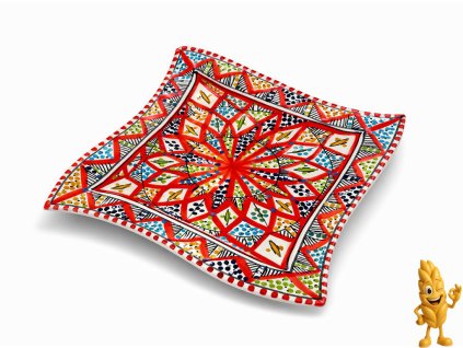 Handcrafted Tunisian Ceramic Square Wavy Serving Plate – Red Design