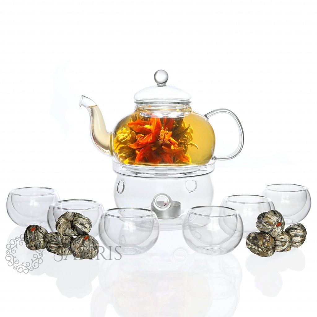 Skleněný čajový set Eric + 8 ks kvetoucího čaje