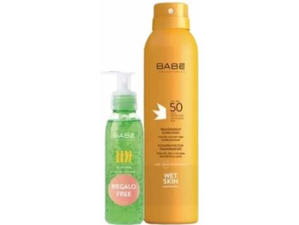 BABÉ SUN Opaľovací sprej SPF 50 + Aloe vera gél transparentný sprej na mokrú pokožku s ochranným faktorom 200 ml + darček: gél 90 ml