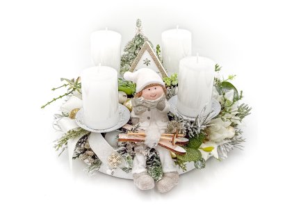 Adventní svícen s panáčkem a bílými svíčkami kulatý