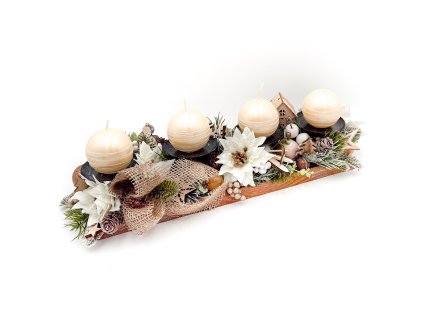 Adventní svícen s bílou vánoční hvězdou a přírodní stuhou