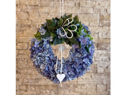 Celoroční  věnec na dveře - modré hortenzie