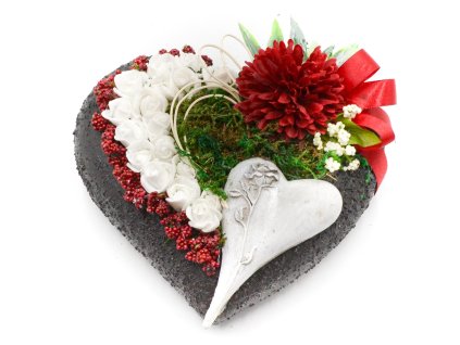 Betonové srdce černé se srdcem a červeno-bílými květy