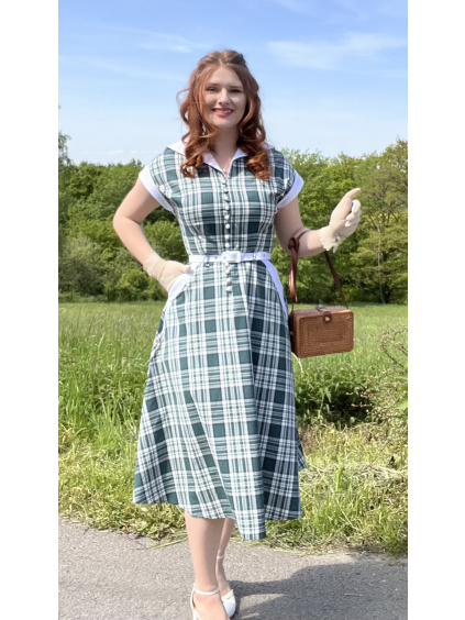 Retro šaty Marjorie - zelená kostka