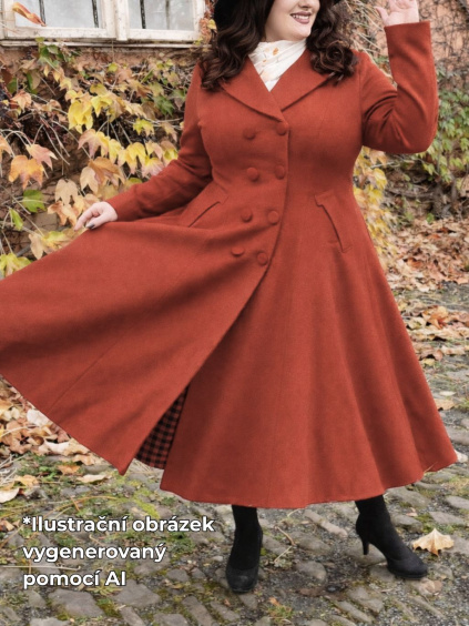 Vlněný retro kabát - cihlově červený - XL