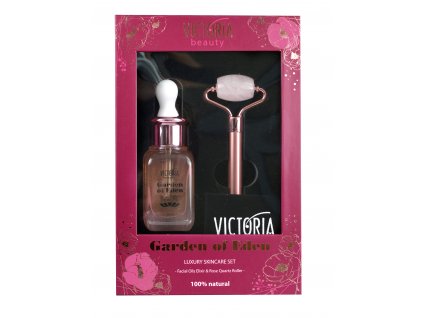 Victoria beauty Luxusní omlazovací set Garden of Eden Rose Quartz Roller Masážní váleček na obličej + protivráskové sérum 30 ml 2 ks