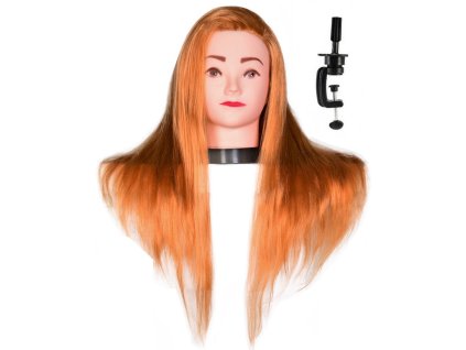 Tréninková kadeřnická hlava zrzavá 55 cm blond, syntetické vlasy