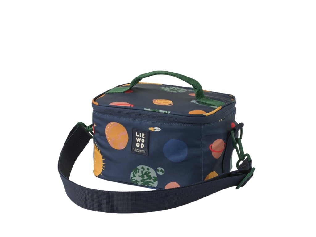 Mini termo taška na svačinu v tmavě modré barvě s crossbody řemínkem a motivem planetk