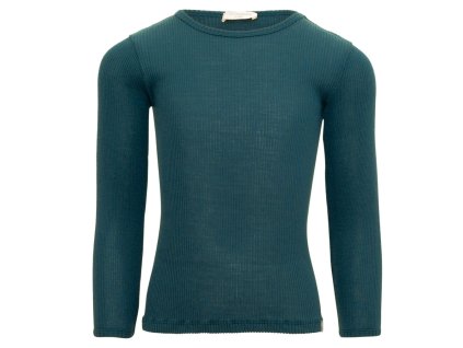 Žebrované merino triko v zeleno-modré barvě s dlouhým rukávem pro děti