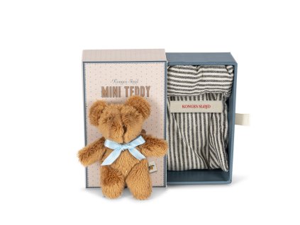 Malý plyšový medvídek v krabičce s polštářkem a postýlkou
