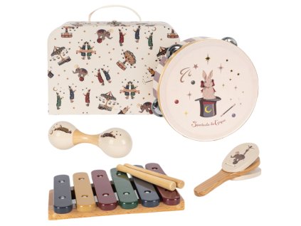 Sada hudebních nástrojů, včetně tamburíny, kastaněty, rumba koulí a xylofonu s paličkami pro všechny malé hudebníky