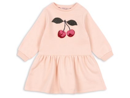 Dívčí bavlněné šaty v růžové barvě s dlouhým rukávem a výšivkou třešniček na hrudníku od Konges Sløjd