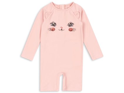 Dětský plavkový overal s dlouhým rukávem v růžové barvě s kočičkou