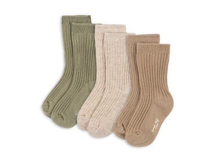Žebrované dětské ponožky v hnědé, béžové a zelené barvě - 3 páry v balení