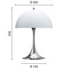 Přenosná lampa Panthella 250 s modrým stínidlem a chromovou základnou od Louis Poulsen - rozsvícená a s uvedenými rozměry