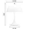 Přenosná lampa Panthella v bílé barvě od Louis Poulen - rozsvícená a s uvedenými rozměry