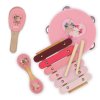 Sada hudebních nástrojů, včetně tamburíny, kastaněty, rumba koulí a xylofonu s paličkami v růžové barvě