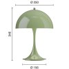 Přenosná lampa Panthella v zelené barvě od Louis Poulen - rozsvícená a s uvedenými rozměry