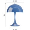 Přenosná lampa Panthella v modré barvě od Louis Poulen - rozsvícená a s uvedenými rozměry