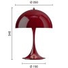 Přenosná lampa Panthella v burgundy barvě od Louis Poulen - rozsvícená a s uvedenými rozměry