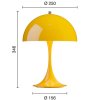 Přenosná lampa Panthella ve žluté barvě od Louis Poulen - rozsvícená a s uvedenými rozměry